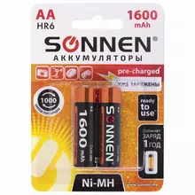 Батарейки аккумуляторные комплект 2 шт. Sonnen, АА (HR6) Ni-Mh, 1600 mAh