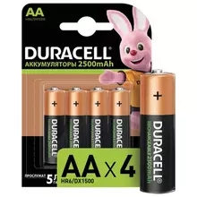 Батарейки аккумуляторные комплект 4 шт. Duracell, АА (HR6) Ni-Mh, 2500 mAh