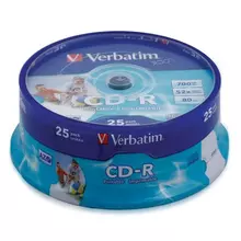 Диски CD-R VERBATIM 700 MB 52x Printable комплект 25 шт. Cake Box с поверхностью для печати