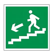 Знак эвакуационный "Направление к эвакуационному выходу по лестнице НАЛЕВО вниз", квадрат 200х200 мм. самоклейка