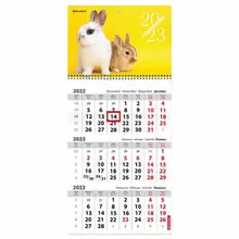Календарь квартальный на 2023 г. 3 блока, 1 гребень, с бегунком, мелованная бумага, "CUTE BUNNIES", Brauberg