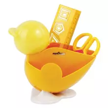 Канцелярский детский набор Юнландия "ЦЫПЛЕНОК", 4 предмета: подставка, линейка со скрепками, ножницы, ластик, цвет желтый