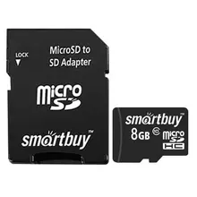 Карта памяти micro SDHC, 8 GB, Smartbuy, 10 Мб/сек. (class 10) с адаптером