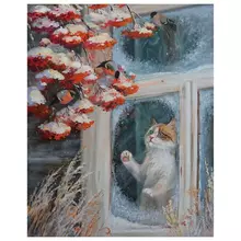 Картина по номерам 40х50 см. Остров cокровищ "Кот и снегири" на подрамнике акрил кисти