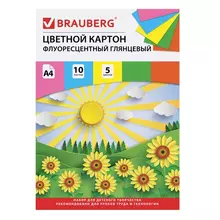 Картон цветной А4 мелованный (глянцевый) флуоресцентный 10 листов 5 цветов в папке Brauberg 200х290 мм. "Лето"