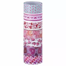 Клейкие WASHI-ленты для декора "СЕРДЦА" 15 мм. х 3 м. 7 цветов рисовая бумага Остров cокровищ