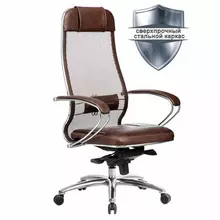 Кресло офисное Метта "Samurai" SL-1.04 сверхпрочная ткань-сетка/рециклированная кожа темно-коричневое