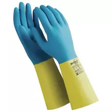 Перчатки латексно-неопреновые MANIPULA "Союз", хлопчатобумажное напыление, размер 8-8,5 (M) синие/желтые