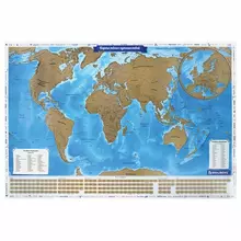 Политическая скретч-карта мира "Путешествия" 86х60 см. 1:37,5 м. в тубусе, Brauberg