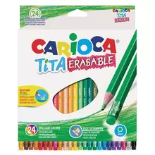 Карандаши цветные стираемые с резинкой CARIOCA "Erasable" 24 цвета пластик шестигранные заточенные