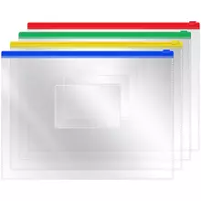 Папка-конверт на zip-молнии OfficeSpace А5, ПВХ, 120 мкм. прозрачная, цветная молния, карман, ассорти
