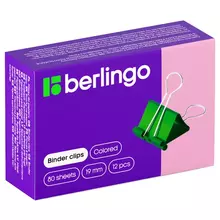 Зажимы для бумаг 19 мм. Berlingo, 12 шт. цветные, картонная коробка