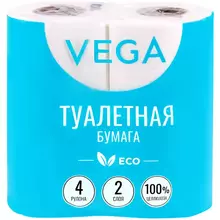 Бумага туалетная Vega 2-слойная, 4 шт. эко, 15 м. тиснение, белая, 100% целлюлоза