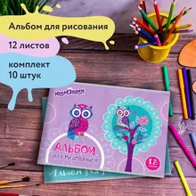 Альбомы для рисования А4 12 л. комплект 10 шт. скоба обложка картон Юнландия 200х283 мм. "Птички" (2 вида)