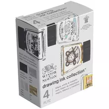 Набор туши художественной Winsor&Newton для рисования 4 цв. (черный белый золотой серебрянный) 14 мл. стекл. флакон в картонной коробке