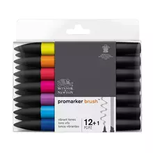 Набор художественных маркеров двухсторонних Winsor&Newton "Pro", пулевидный/скошенный, 2 мм./7 мм. 12 цв.+1 блендер, яркие оттенки