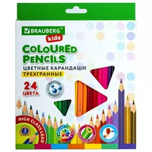 Карандаши цветные Brauberg Kids 24 цвета трехгранный корпус грифель мягкий 3 мм.