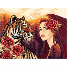 Картина по номерам на картоне Три Совы "Девушка с тигром" 30*40 с акриловыми красками и кистями