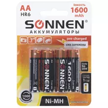 Батарейки аккумуляторные Ni-Mh пальчиковые комплект 4 шт. АА (HR6) 1600 mAh, SONNEN