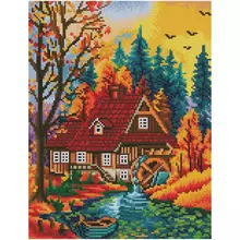 Алмазная мозаика ТРИ СОВЫ "Дом в осеннем лесу", 30*40 см. холст на деревянном подрамнике, картонная коробка с пластиковой ручкой