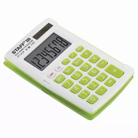Калькулятор карманный Staff STF-6238 (104х63 мм.) 8 разядов двойное питание белый С ЗЕЛЁНЫМИ КНОПКАМИ блистер