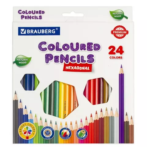 Карандаши цветные Brauberg Premium 24 цвета шестигранные грифель мягкий 33 мм.
