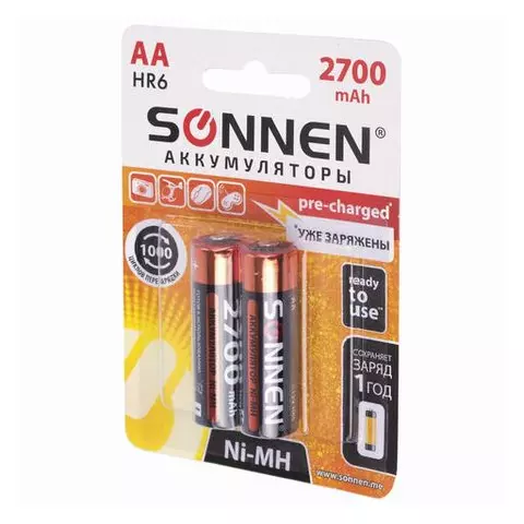 Батарейки аккумуляторные комплект 2 шт. Sonnen АА (HR6) Ni-Mh 2700 mAh