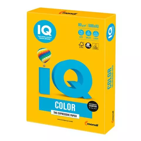 Бумага цветная IQ color большой формат (297х420 мм.) А3 80г./м 500 л. интенсив солнечно-желтая