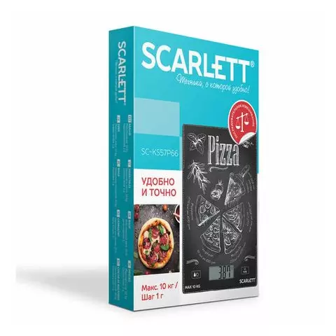 Весы кухонные Scarlett SC-KS57P66 электронный дисплей max вес 10 кг. тарокомпенсация стекло