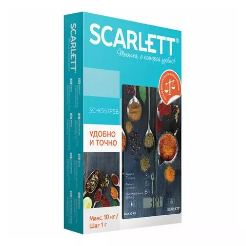 Весы кухонные Scarlett SC-KS57P68 электронный дисплей max вес 10 кг. тарокомпенсация стекло
