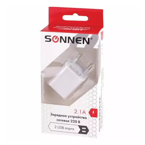 Зарядное устройство сетевое (220В) Sonnen 2 порта USB выходной ток 21 А белое