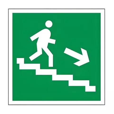 Знак эвакуационный "Направление к эвакуационному выходу по лестнице НАПРАВО вниз" квадрат 200х200 мм. самоклейка
