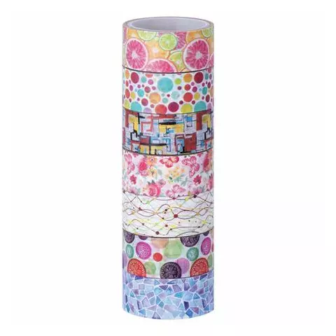 Клейкие WASHI-ленты для декора "Микс №2" 15 мм. х 3 м. 7 цветов рисовая бумага Остров cокровищ