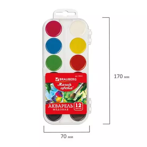Краски акварельные Brauberg "Магия цвета" 12 цветов медовые круглые кюветы пластиковый пенал