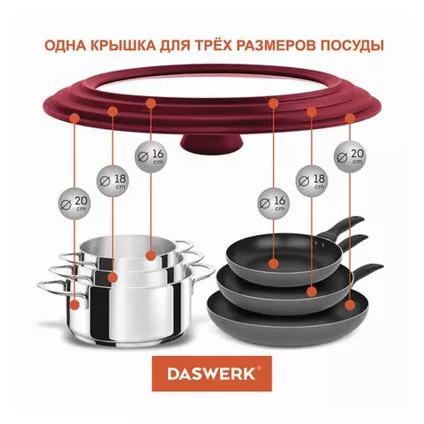 Крышка для любой сковороды и кастрюли универсальная 3 размера (16-18-20 см.) бордовая Daswerk