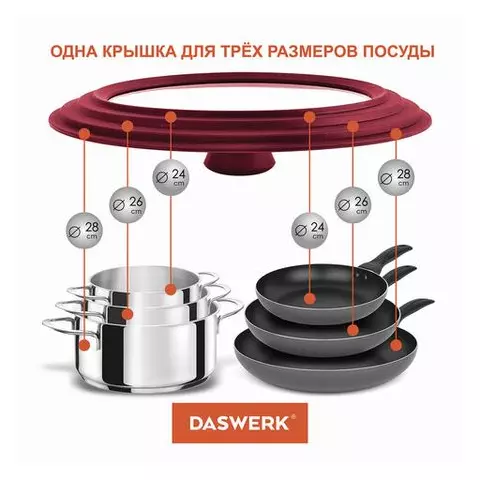 Крышка для любой сковороды и кастрюли универсальная 3 размера (24-26-28 см.) бордовая Daswerk