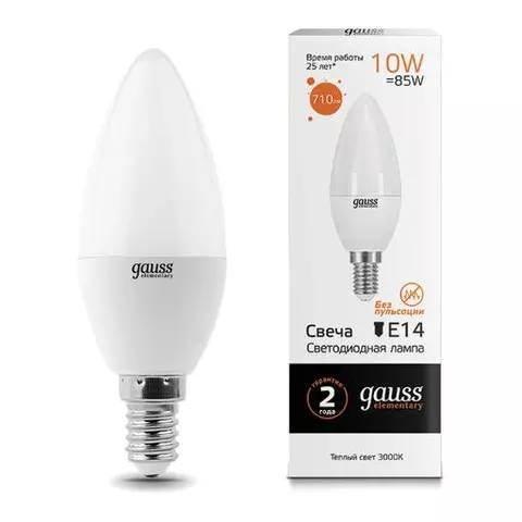 Лампа светодиодная Gauss 10(85) Вт цоколь Е14 свеча теплый белый 25000 ч LED B37-10W-3000-E14