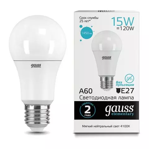 Лампа светодиодная Gauss 15(120) Вт цоколь Е27 груша нейтральный белый 25000 ч LED A60-15W-4100-E27