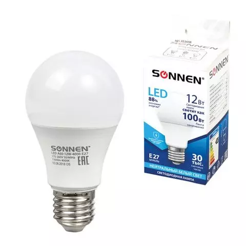 Лампа светодиодная Sonnen 12 (100) Вт цоколь Е27 грушевидная нейтральный белый свет 30000 ч LED A60-12W-4000-E27