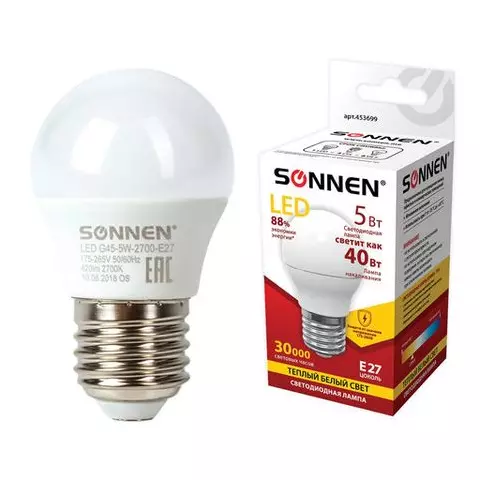 Лампа светодиодная Sonnen 5 (40) Вт цоколь E27 шар теплый белый свет 30000 ч LED G45-5W-2700-E27