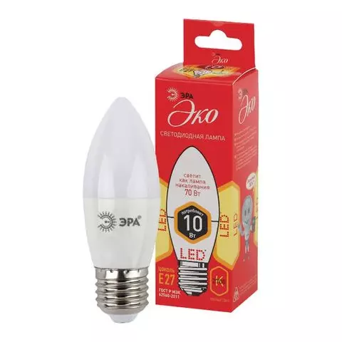 Лампа светодиодная Эра 10(70) Вт цоколь Е27 свеча теплый белый 25000 ч ECO LED B35-10W-2700-E27