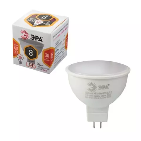 Лампа светодиодная Эра 8 (50) Вт цоколь GU5.3 MR16 теплый белый свет 30000 ч. LED smdMR16