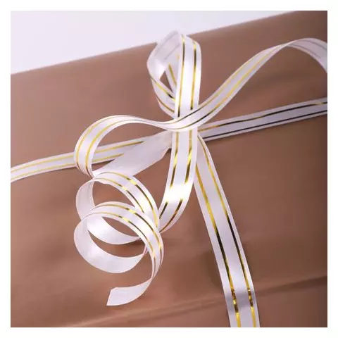 Лента упаковочная декоративная для подарков золотые полосы 12 мм. х 45 м. белая Золотая Сказка