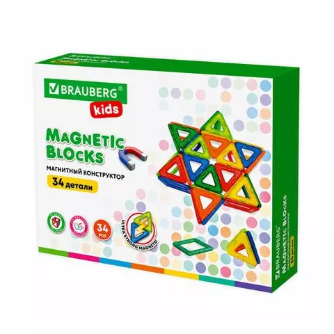 Магнитный конструктор BIG MAGNETIC BLOCKS-34 34 детали с колесной базой Brauberg Kids