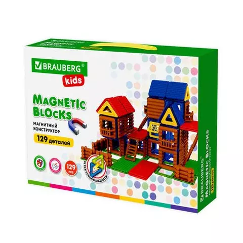 Магнитный конструктор MEGA MAGNETIC BUILD BLOCKS-129 "Построй дом" 129 деталей Brauberg Kids