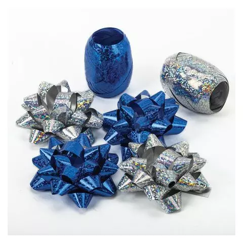 Набор для декора и подарков 4 банта 2 ленты голография цвета синий серебристый Золотая Сказка