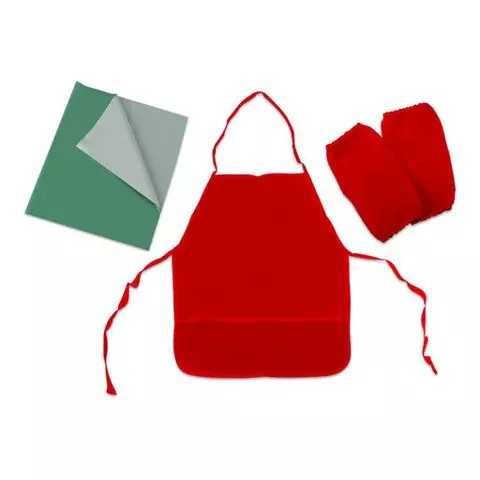 Набор для уроков труда Пифагор: клеёнка ПВХ зеленая 69х40 см. фартук и нарукавники красные