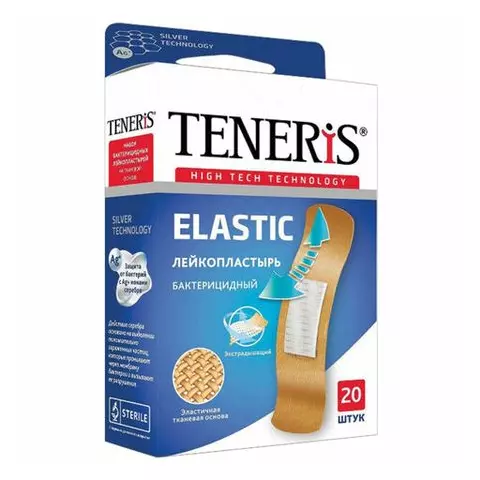 Набор пластырей 20 шт. TENERIS ELASTIC эластичный на тканевой основе бактерицидный с ионами серебра коробка с европодвесом