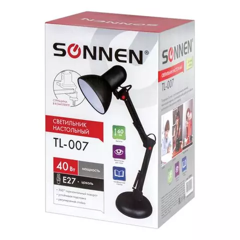 Настольная лампа-светильник Sonnen TL-007 подставка + струбцина 40 Вт Е27 черный высота 60 см.