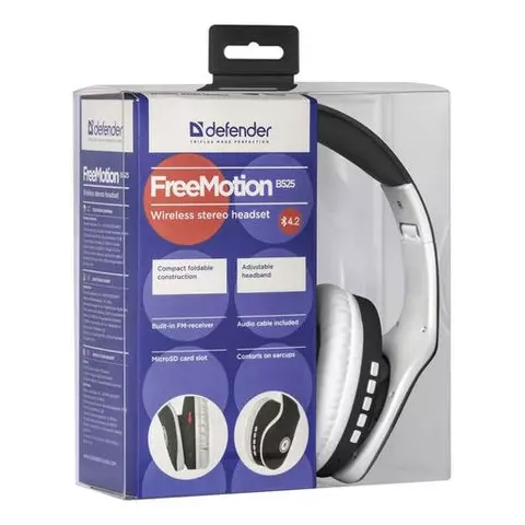 Наушники с микрофоном (гарнитура) Defender FREEMOTION B525 Bluetooth беспроводные черные с белым